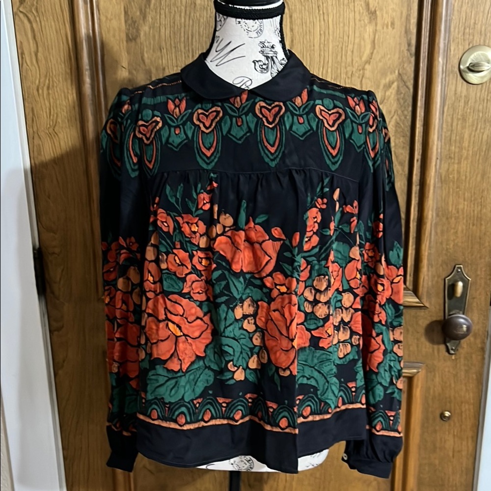 Vintage Carole Little Orange and Green Long Sleeve Blouse Round  Collar